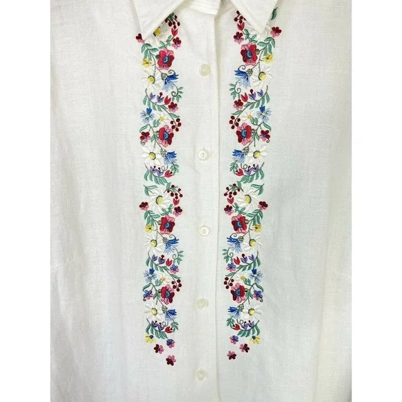 Lauren Ralph Lauren Plus Size 1X Floral Embroidered 100% Linen Button Blouse - Picture 2 of 5